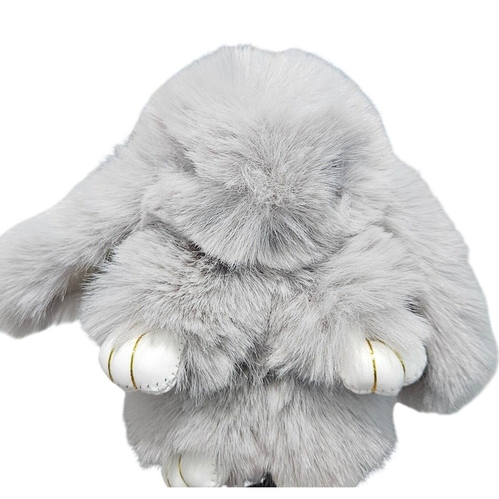 Gray Faux Fur Bunny Keychain Bag Charm Soft Floppy Ear Rabbit Plush Accessory